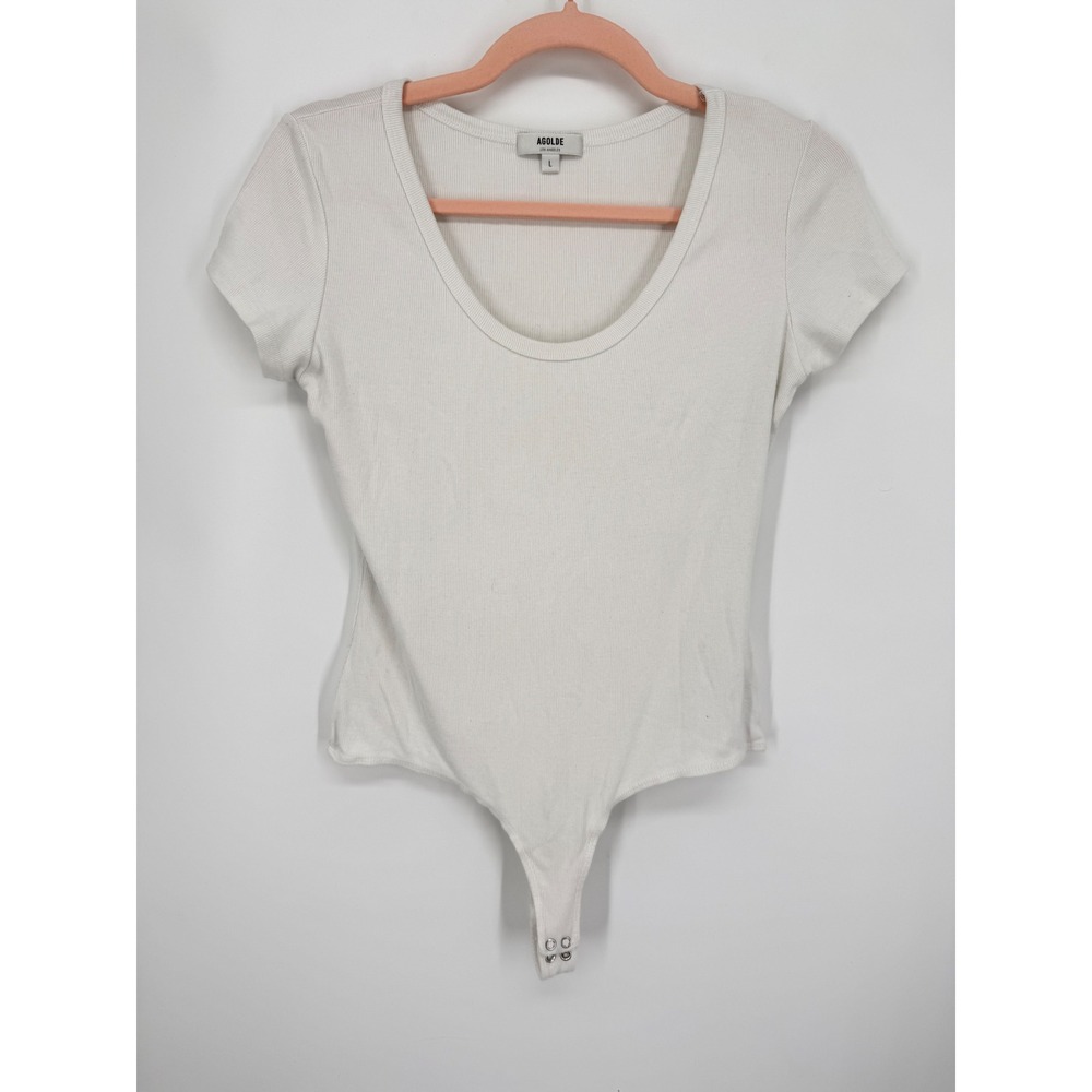 AGOLDE Bodysuit Women L White Ribbed Scoop Neck Short Sleeve Snap Closure
